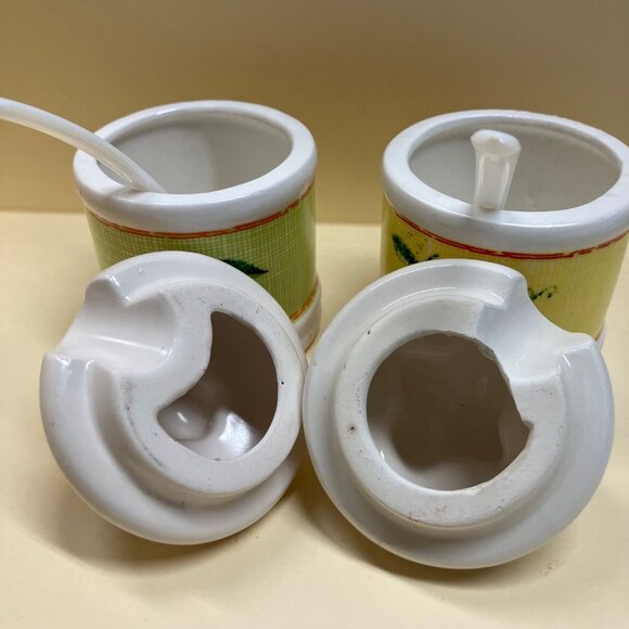 Set 2 Jam Marmalade Ceramic Jars 3"w/Spoon Made in Japan Strawberry Persimmon - Picture 5 of 6